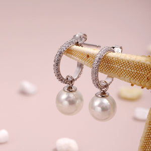 925 Sterling Silver Clear CZ Imitation Pearl Hoop Earrings