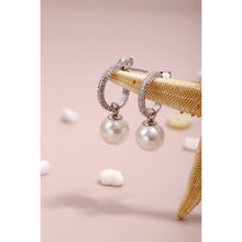 Load image into Gallery viewer, 925 Sterling Silver Clear CZ Imitation Pearl Hoop Earrings