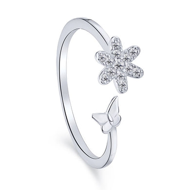 925 Sterling Silver Daisy and Butterfly Adjustable Ring