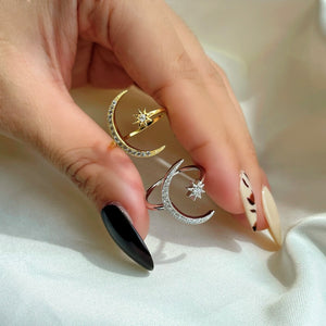 925 Sterling Silver Moon and Star Adjustable Ring