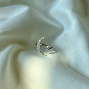 925 Sterling Silver Moon and Star Adjustable Ring