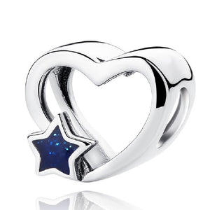 925 Sterling Silver Open Heart with Blue Star Bead Charm