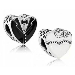 925 Sterling Silver His and Hers Wedding Outfit Heart Bead Charm