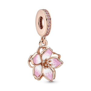 925 Sterling Silver Rose Gold Plated Cherry Blossom Dangle Charm