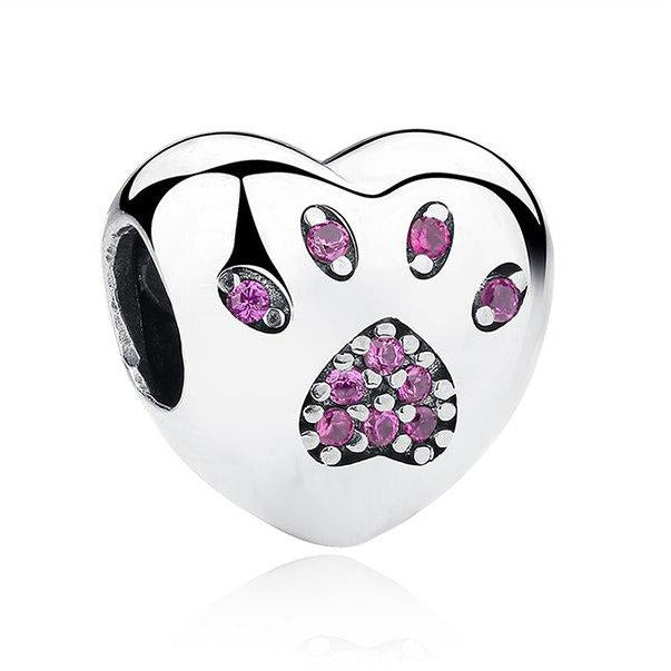 925 Sterling Silver Pink CZ Paw Print Heart Bead Charm