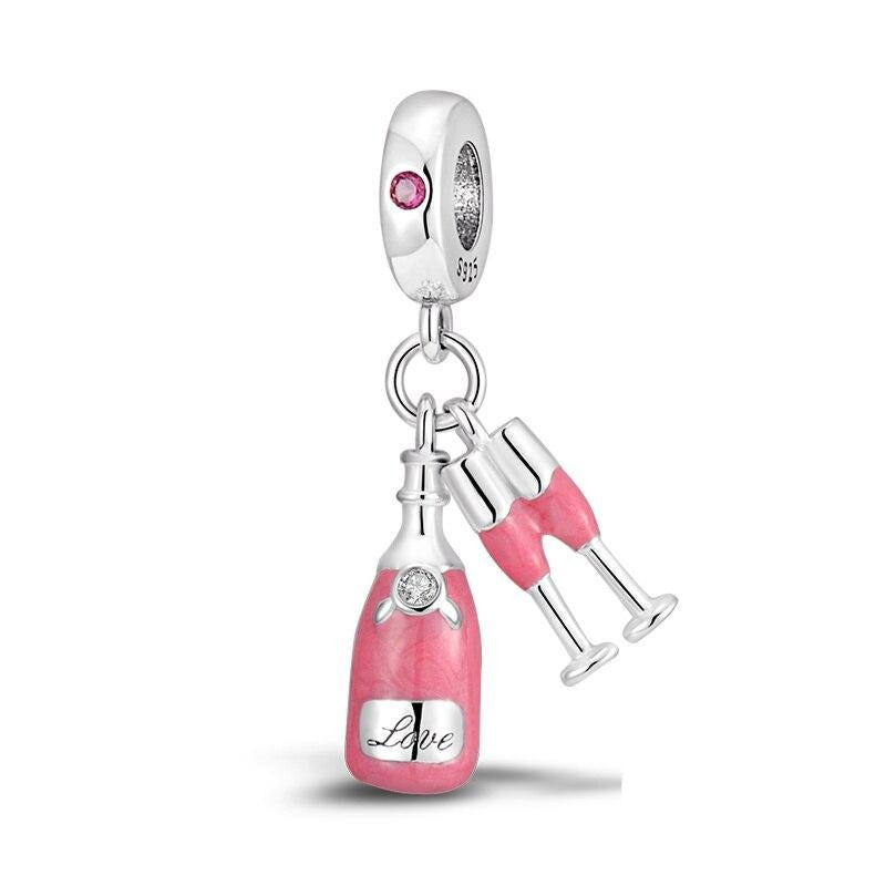 925 Sterling Silver Pink Enamel Wine Bottle Dangle Charm)