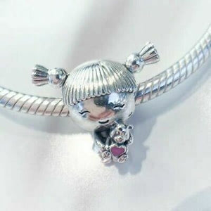 925 Sterling Silver Sweet Little Ponytails/Pigtails Girl Bead Charm
