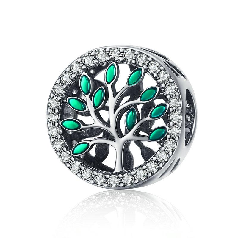 925 Sterling Silver Green CZ Tree of Life Bead Charm
