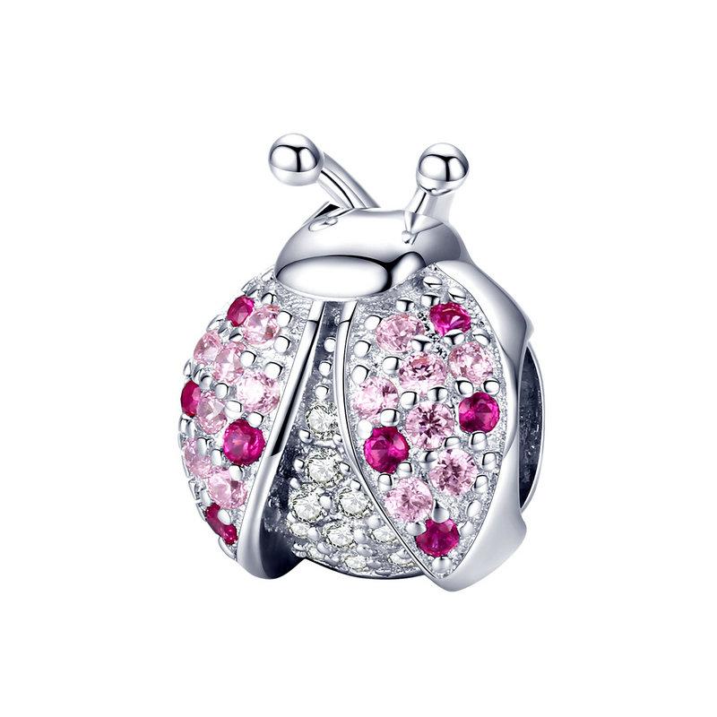 925 Sterling Silver Pink CZ Ladybird Bead Charm