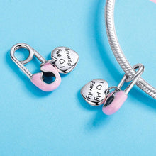 Load image into Gallery viewer, 925 Sterling Silver Pink Safety Pin I Love my Family Dangle Charm