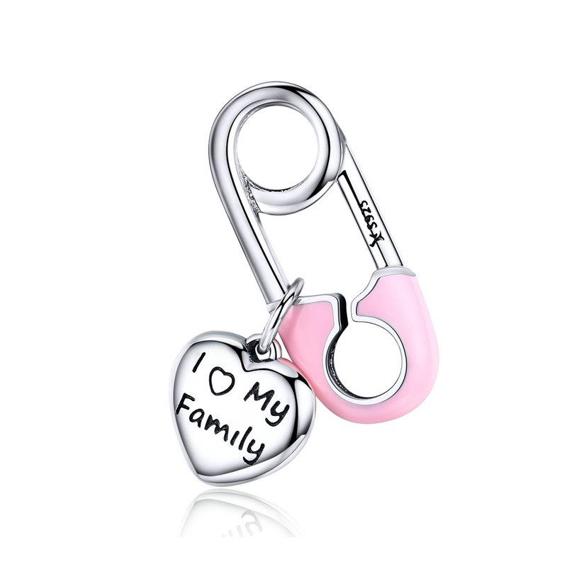 925 Sterling Silver Pink Safety Pin I Love my Family Dangle Charm