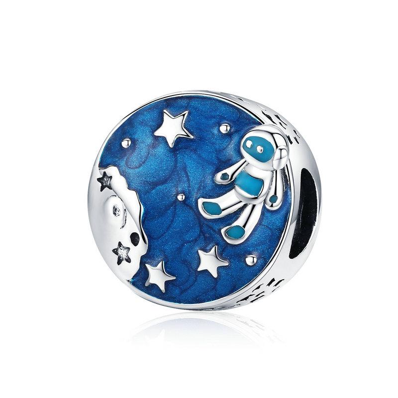 925 Sterling Silver Man On The Moon Blue Enamel Bead Charm