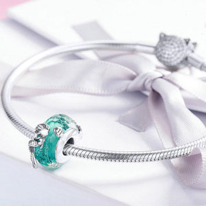 925 Sterling Silver Teal Mermaid Patterned Murano Glass Charm