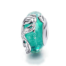 Load image into Gallery viewer, 925 Sterling Silver Teal Mermaid Patterned Murano Glass Charm