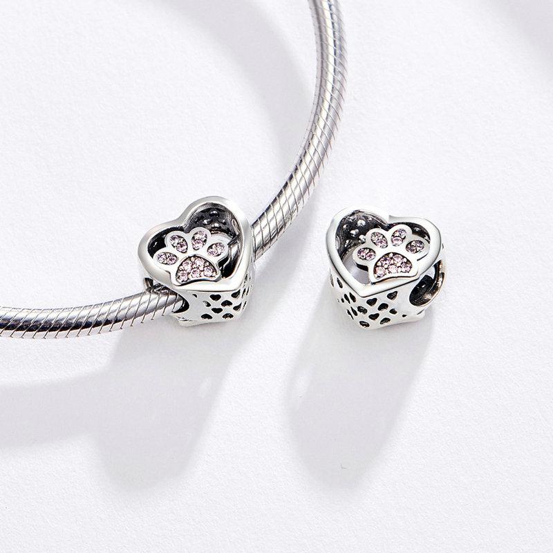 Pink CZ Paw Print in my Heart Bead Charm