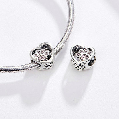 Pink CZ Paw Print in my Heart Bead Charm