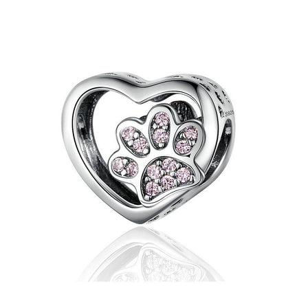 Pink CZ Paw Print in my Heart Bead Charm