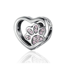 Load image into Gallery viewer, 925 Sterling Silver Pink CZ Paw Print in my Heart Bead Charm