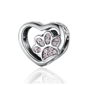 925 Sterling Silver Pink CZ Paw Print in my Heart Bead Charm