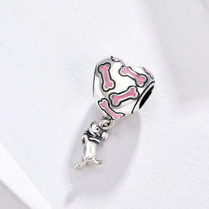 925 Sterling Silver Pink Bones and Dog Heart Bead Charm