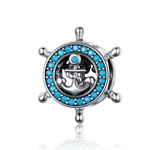 925 Sterling Silver Blue CZ Anchor and Ship Wheel Bead Charm