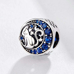 925 Sterling Silver Blue CZ Cat And Stars Bead Charm