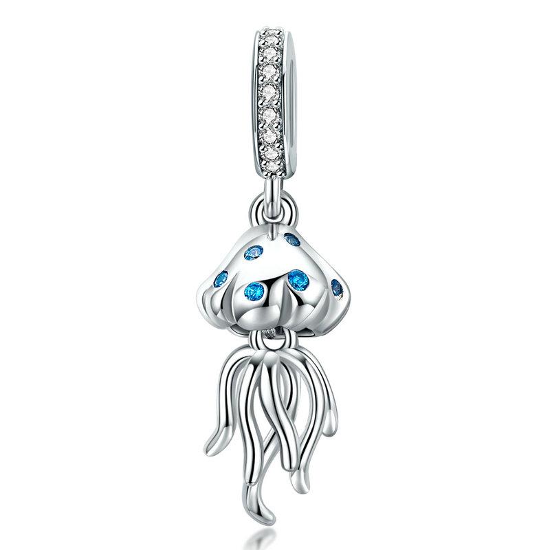 925 Sterling Silver Jellyfish Blue CZ Dangle Charm