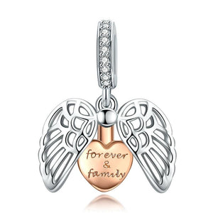 925 Sterling Silver Rose Gold PLATED Forever Family Guardian Wings Dangle Charm