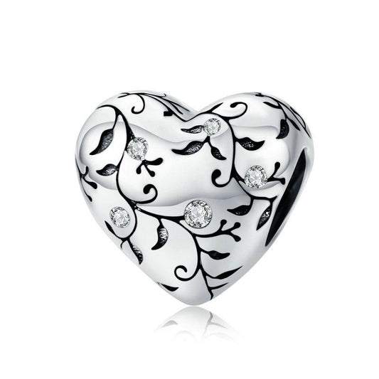 Floral Motive CZ Heart Bead Charm