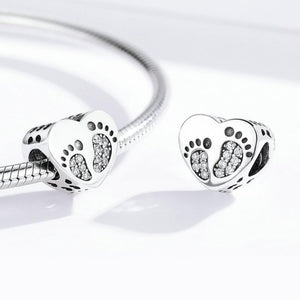 925 Sterling Silver CZ Baby Footprints Heart Bead Charm