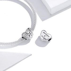 925 Sterling Silver CZ Angel Wings Motherly Love Heart Bead Charm