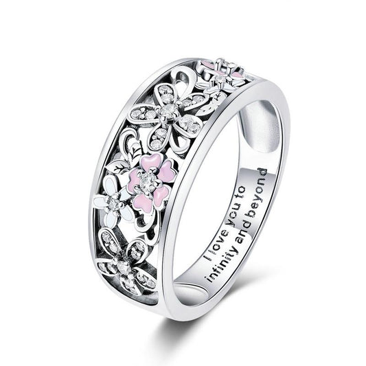 CZ Pink and White Enamel Daisy Flower Ring