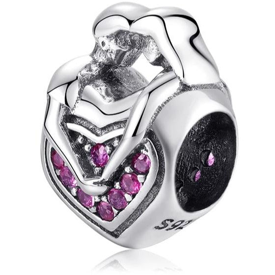 925 Sterling Silver CZ Husband and Wife Love Heart Bead Charm