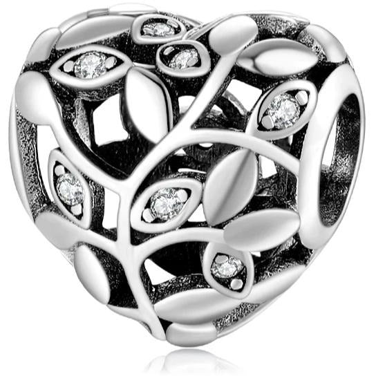 925 Sterling Silver CZ Tree of Life Heart Bead Charm