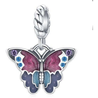 925 Sterling Silver Blue and Purple Butterfly Heart Dangle Charm