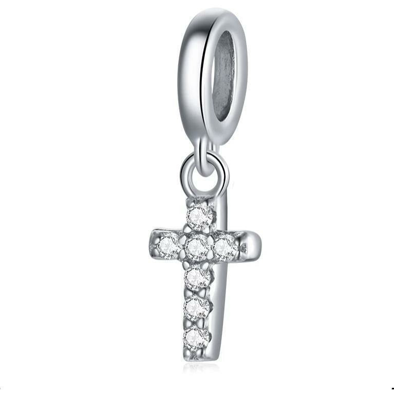 925 Sterling Silver Tiny CZ Cross Dangle Charm