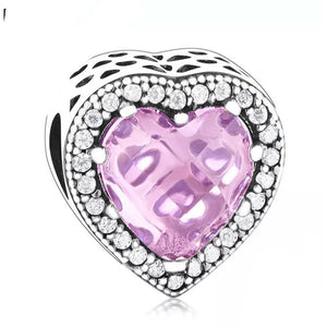 925 Sterling Silver Pink CZ Glass Heart Bead Charm
