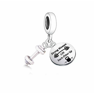 925 Sterling Silver Dumbbell ' Strong woman lift each other up' Dangle Charm