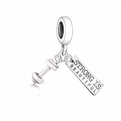 925 Sterling Silver Dumbbell ' Strong is Beautiful' Dangle Charm