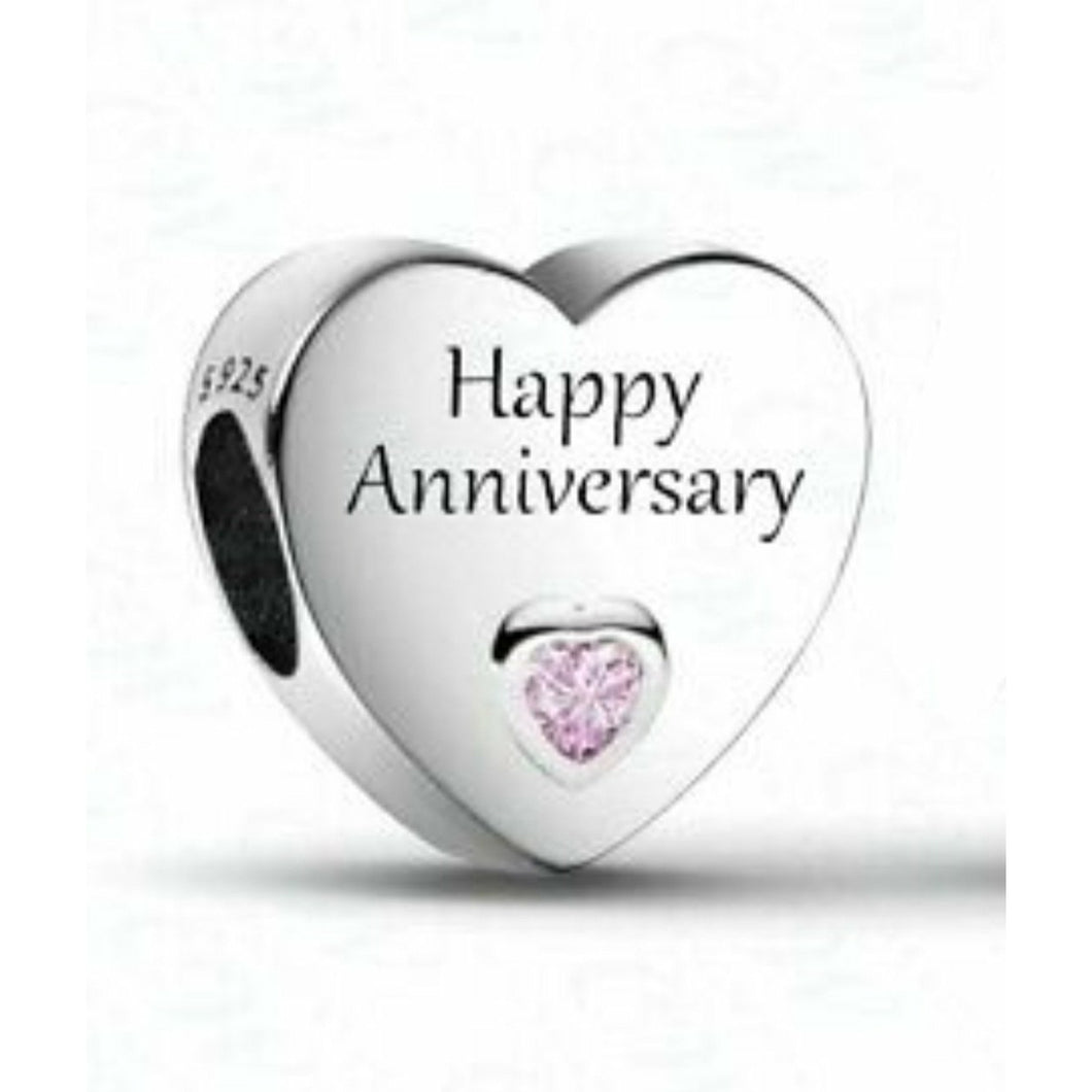 925 Sterling Silver CZ Happy Anniversary Engraved Heart Bead Charm