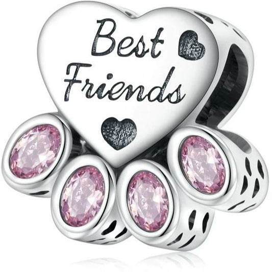 Pink CZ Best Friends Paw Print Bead Charm