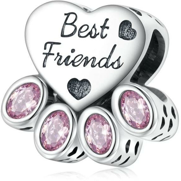 925 Sterling Silver Pink CZ Best Friends Paw Print Bead Charm