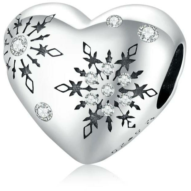 925 Sterling Silver CZ Snowflake Heart Bead Charm