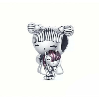 925 Sterling Silver Little Ponytails/Pigtails Girl with Unicorn Bead Charm