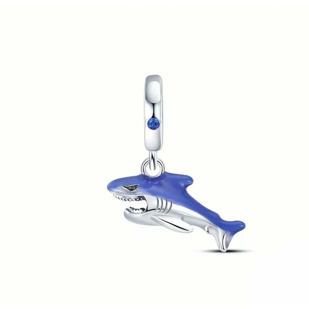 925 Sterling Silver Blue Enamel Shark Dangle Charm
