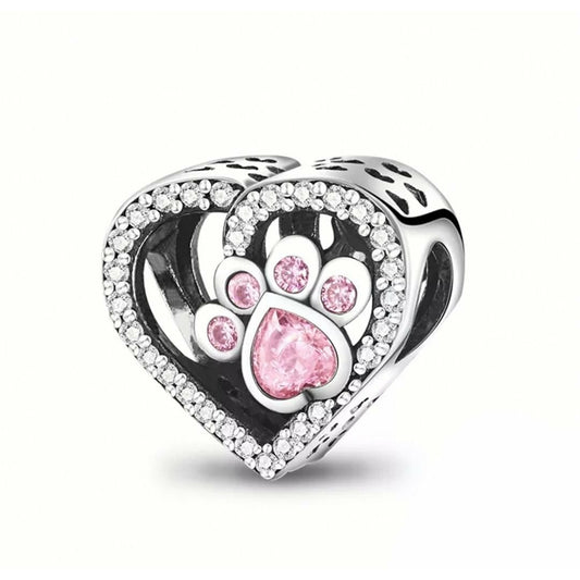 Pink CZ Paw and Bone Heart Bead Charm