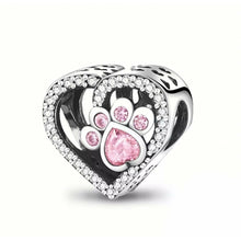 Load image into Gallery viewer, 925 Sterling Silver Pink CZ Paw and Bone Heart Bead Charm