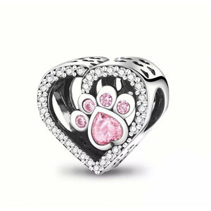 925 Sterling Silver Pink CZ Paw and Bone Heart Bead Charm