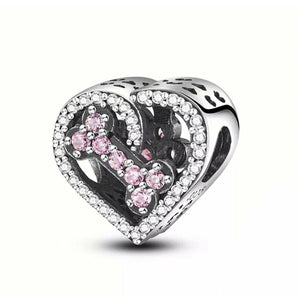 925 Sterling Silver Pink CZ Paw and Bone Heart Bead Charm