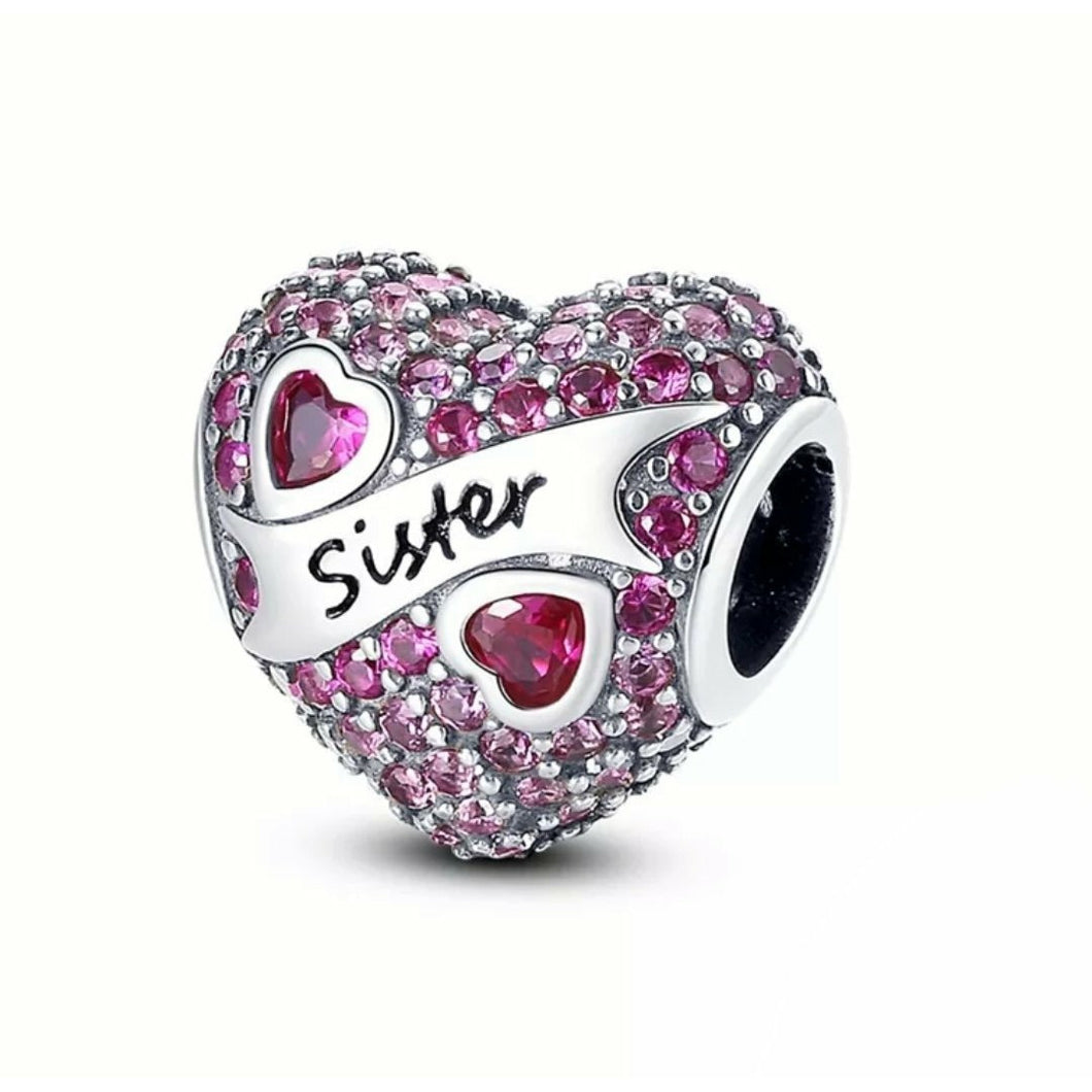 925 Sterling Silver Sister Pink CZ Heart Bead Charm
